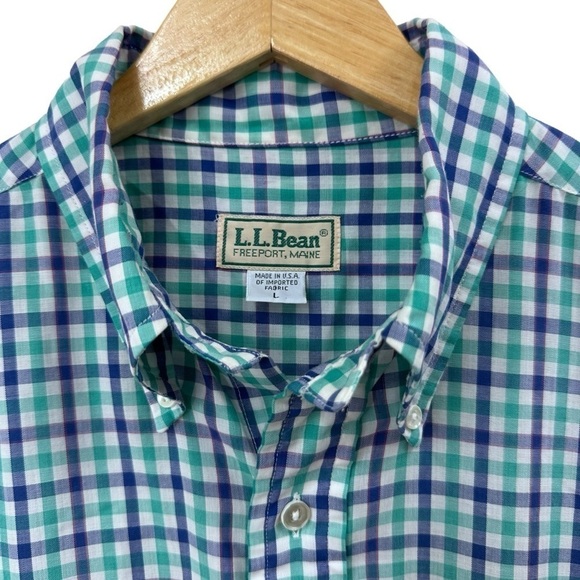 Men’s L.L. Bean Green, Purple, White Check Short-Sleeve Shirt, L - Picture 2 of 5